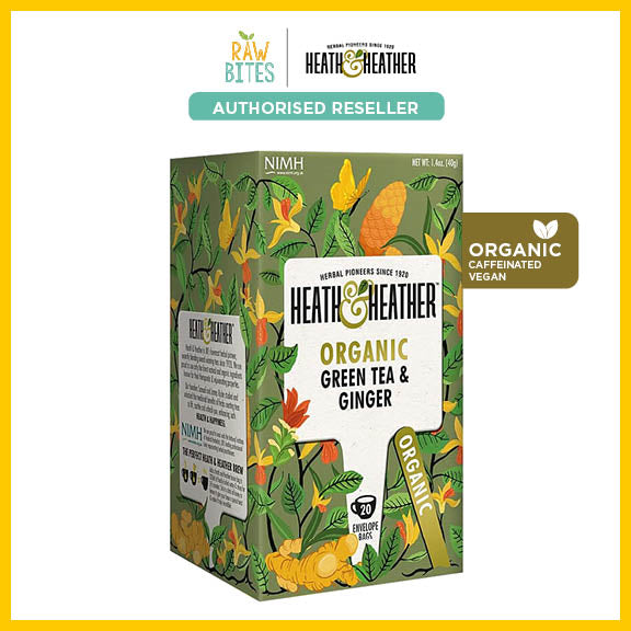 Heath & Heather Organic Green Tea & Ginger 40g/20 bags (Caffeinated, Gluten Free, Vegan)