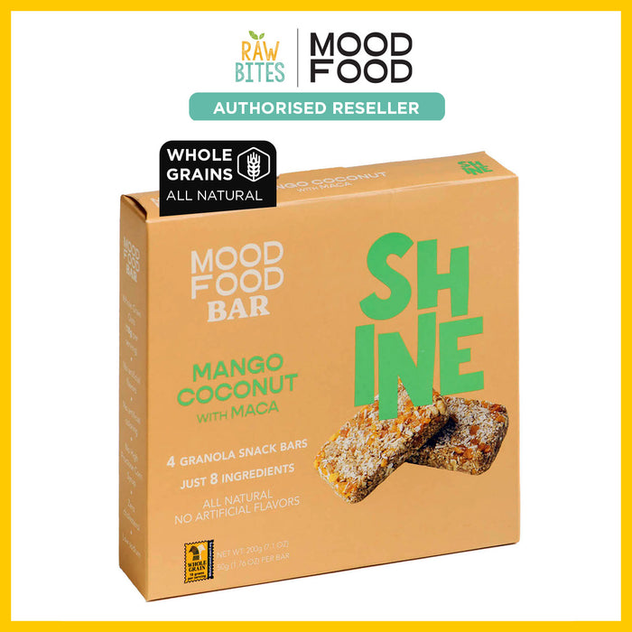 Mood Food Bar Shine - Mango Coconut with Maca [4 x 50g] (All Natural, No Refined Sugar, Whole Grains)