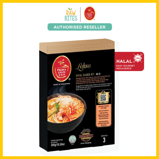 Prima Taste Laksa Meal Sauce Kit packaging with branding and certification logos on a white background.