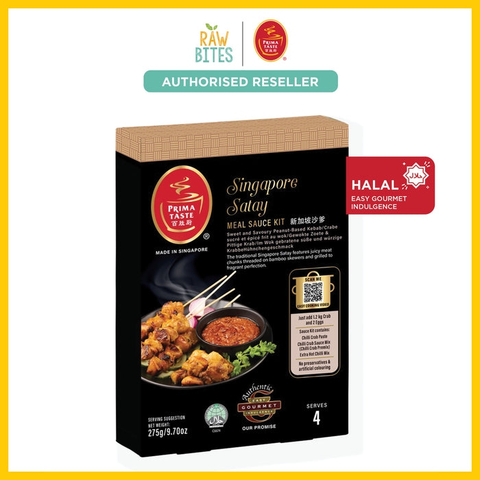 Prima Taste Singapore Satay Meal Sauce Kit packaging with branding and product details.