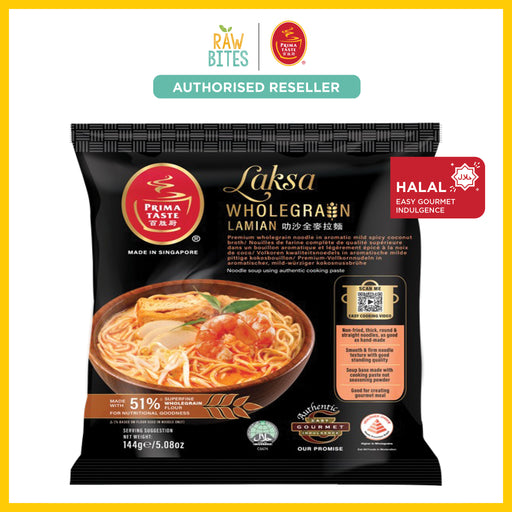 Prima Laksa Wholegrain Lamian package with branding and certification logos on a white background