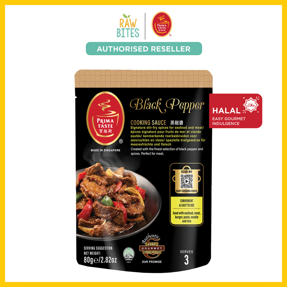 Black pepper cooking sauce package with brand logos and certification labels on a white background