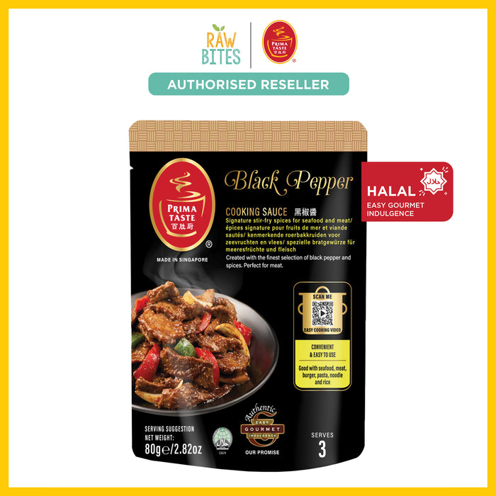 Black pepper cooking sauce package with brand logos and certification labels on a white background