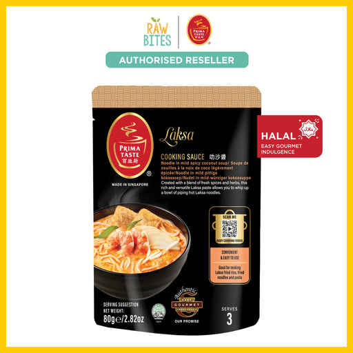 Laksa cooking sauce package with brand logos and product details on a white background