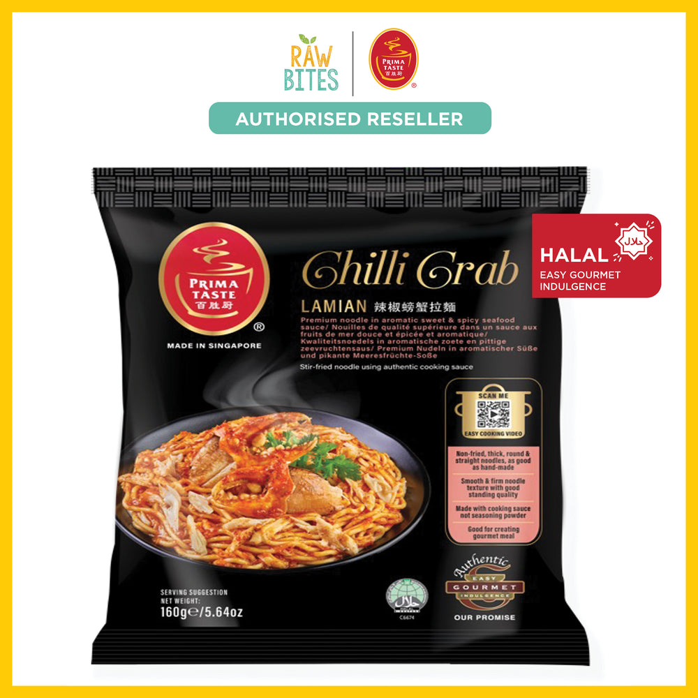 Prima Taste Chilli Crab Lamian packaging with brand logos and product details.