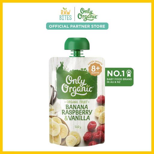Only Organic Baby Food Banana, Raspberry & Vanilla 120g [8 mos+] (Organic, Nutritionist Approved)