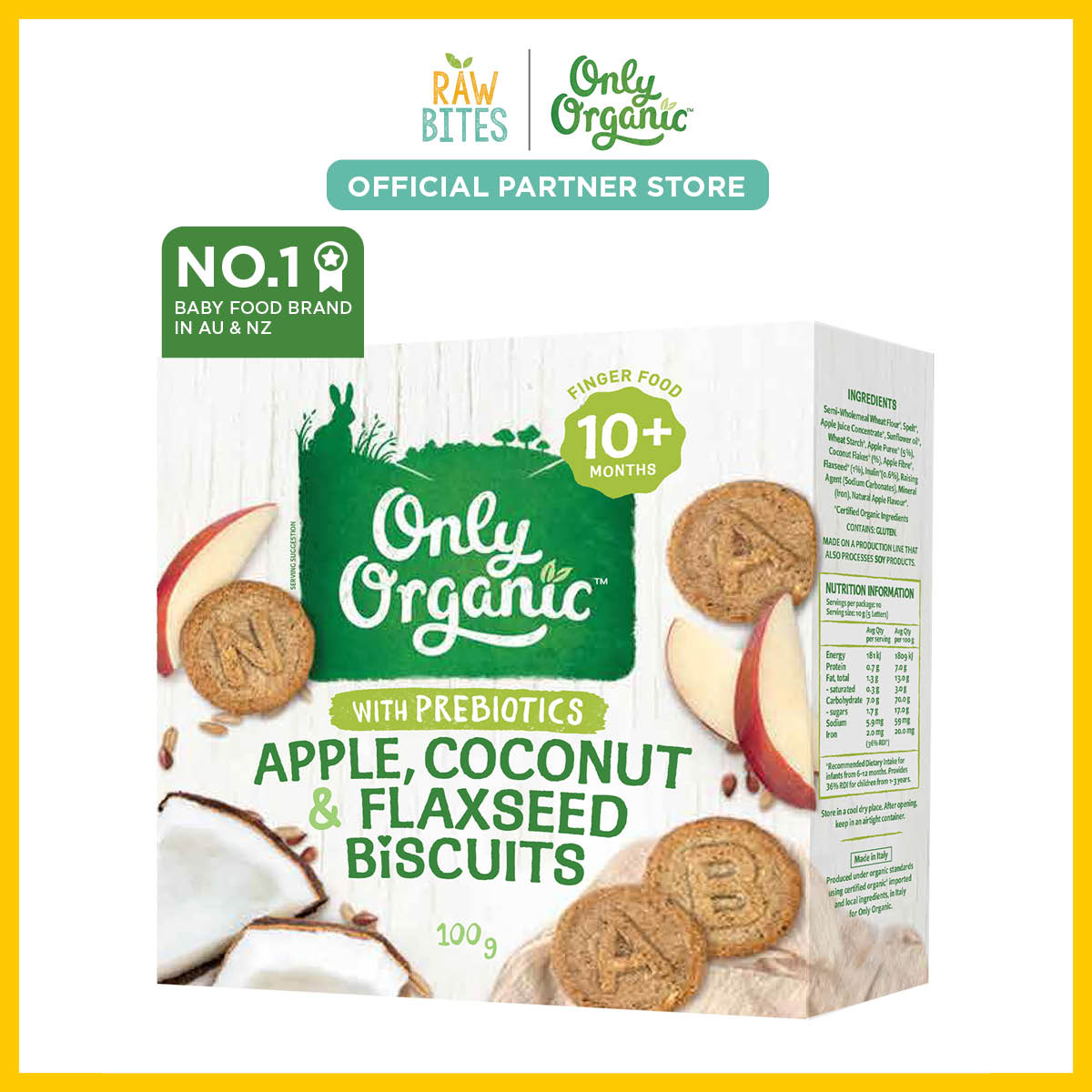 Only Organic Baby Snack Apple Coconut & Flaxseed Biscuits 100g [10 mos ...