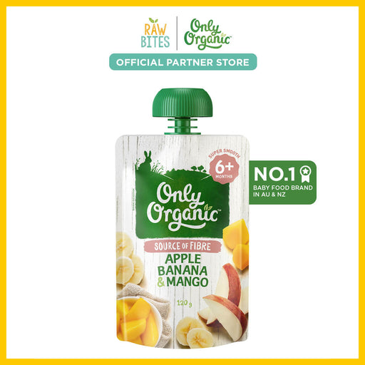 Only Organic Baby Food Apple, Banana & Mango 120g [6 mos+] (Organic, Nutritionist Approved, Source of Fiber)