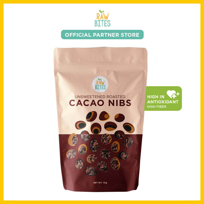 Raw Bites Unsweetened Roasted Cacao Nibs 70g (High in Antioxidants, High Fiber, No Sugar Added)