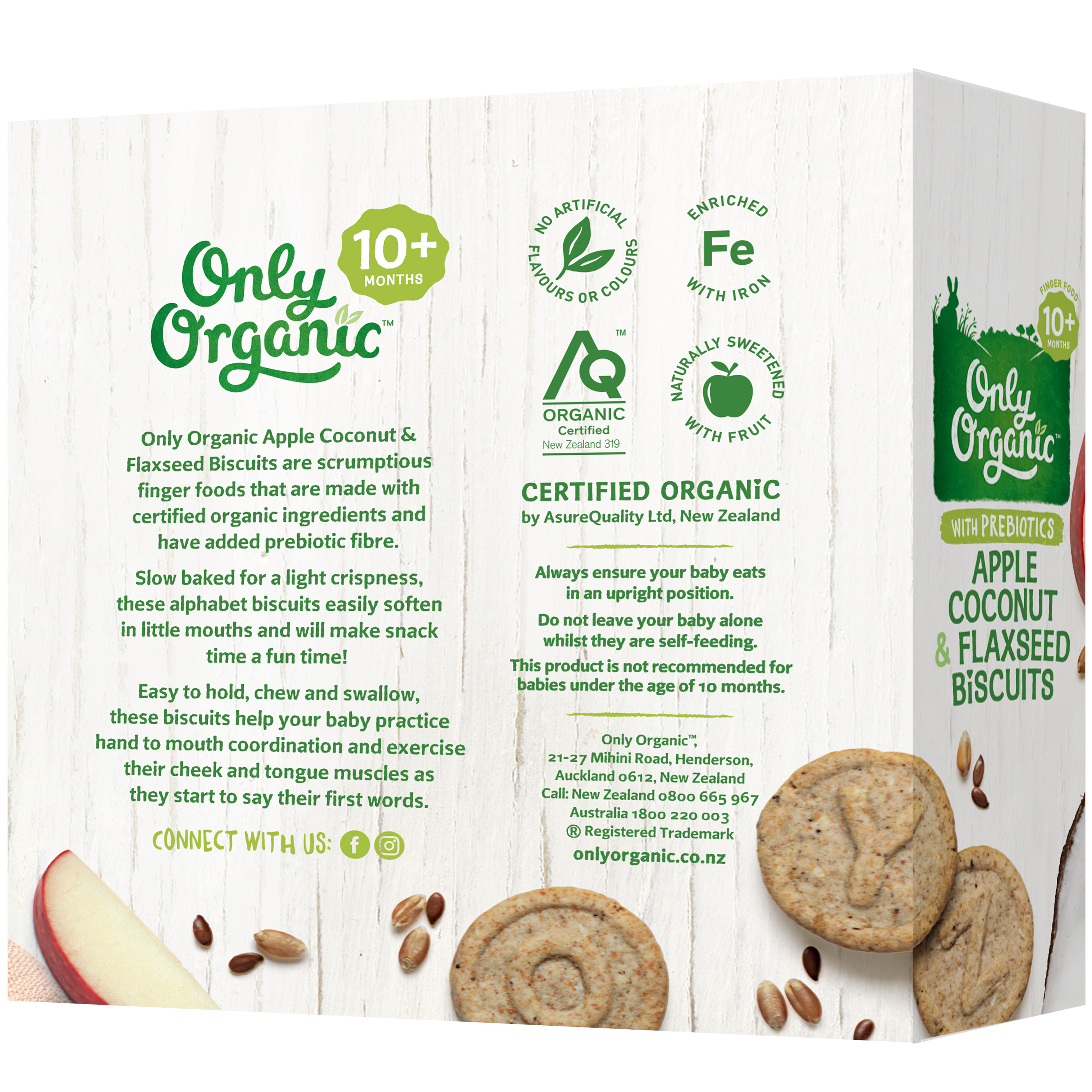 Only Organic Baby Snack Apple Coconut & Flaxseed Biscuits 100g [10 mos ...