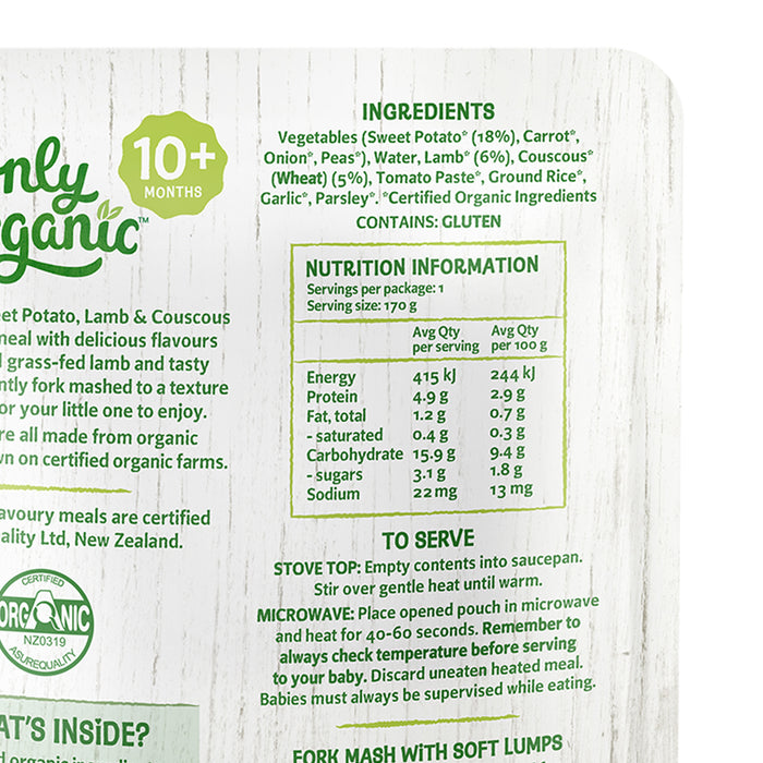 Only Organic Baby Food Sweet Potato Lamb & Couscous 170g [10 mos+] (Organic, Nutritionist Approved)