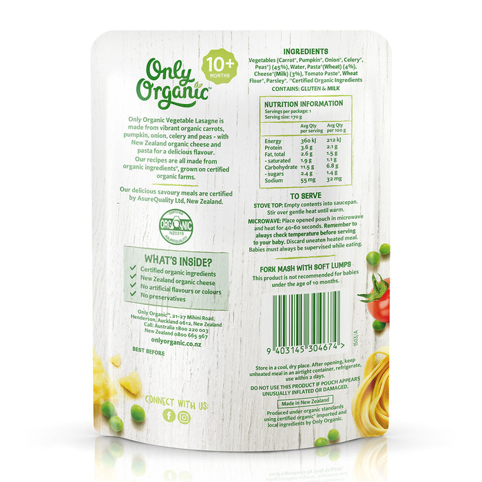 Only Organic Baby Food Vegetable Lasagne 170g [10 mos+] (Organic, Nutritionist Approved)