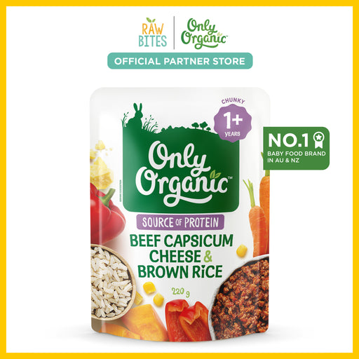 Only Organic Baby Food Beef Capsicum Cheese & Brown Rice 220g [12 mos+] (Grass Fed Beef, Organic, Nutritionist Approved)