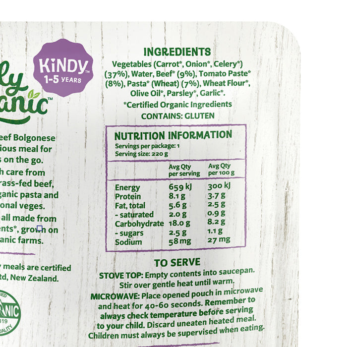 Only Organic Baby Food Beef Bolognese Pasta 220g [12 mos+] (Grass Fed Beef, Organic, Nutritionist Approved)