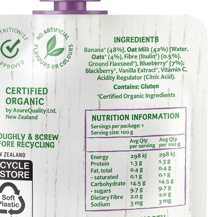 Only Organic Baby Food Banana Blueberry & Vanilla Oat Milk 100g [12 mos+] (Organic, Nutritionist Approved, with Prebiotics)