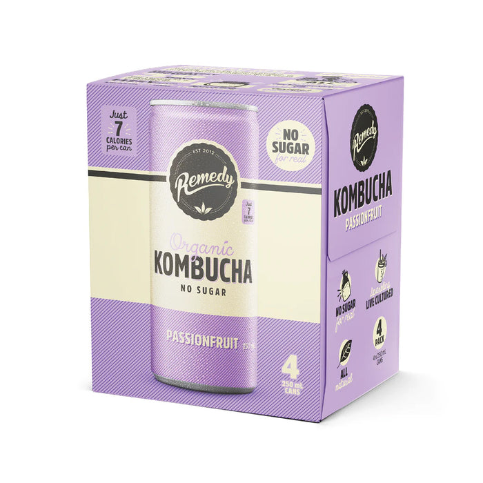 Remedy Kombucha Passionfruit [4 x 250ml] (No Sugar, Organic, Promotes Gut Health)