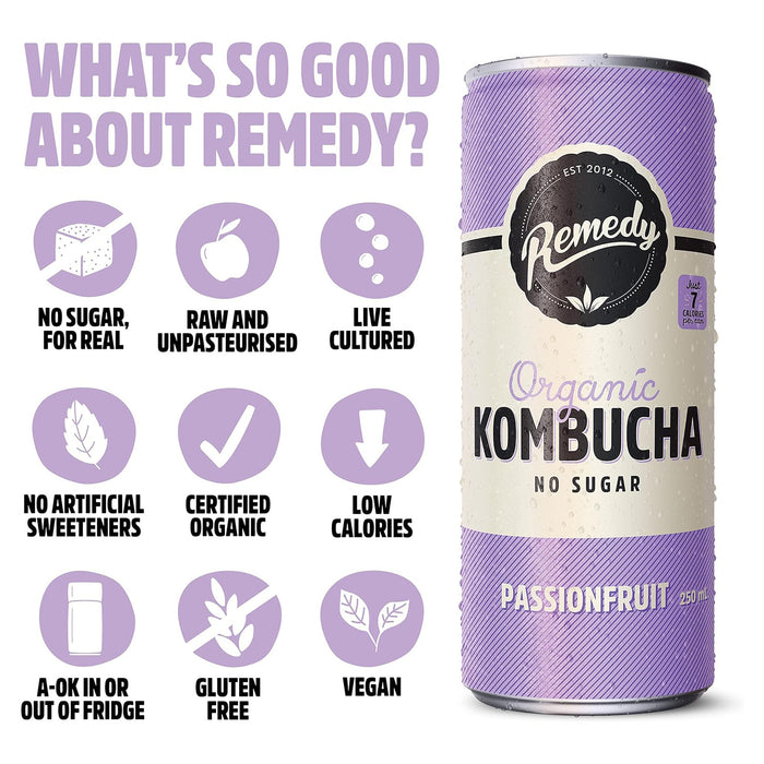 Remedy Kombucha Passionfruit [4 x 250ml] (No Sugar, Organic, Promotes Gut Health)