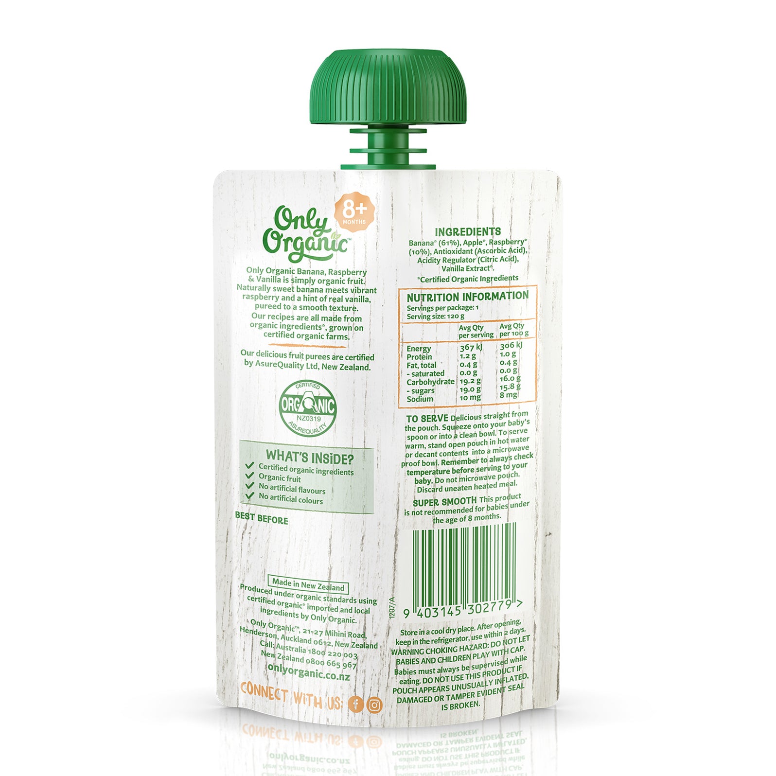 Only Organic Baby Food Banana, Raspberry & Vanilla 120g [8 mos+] (Orga ...