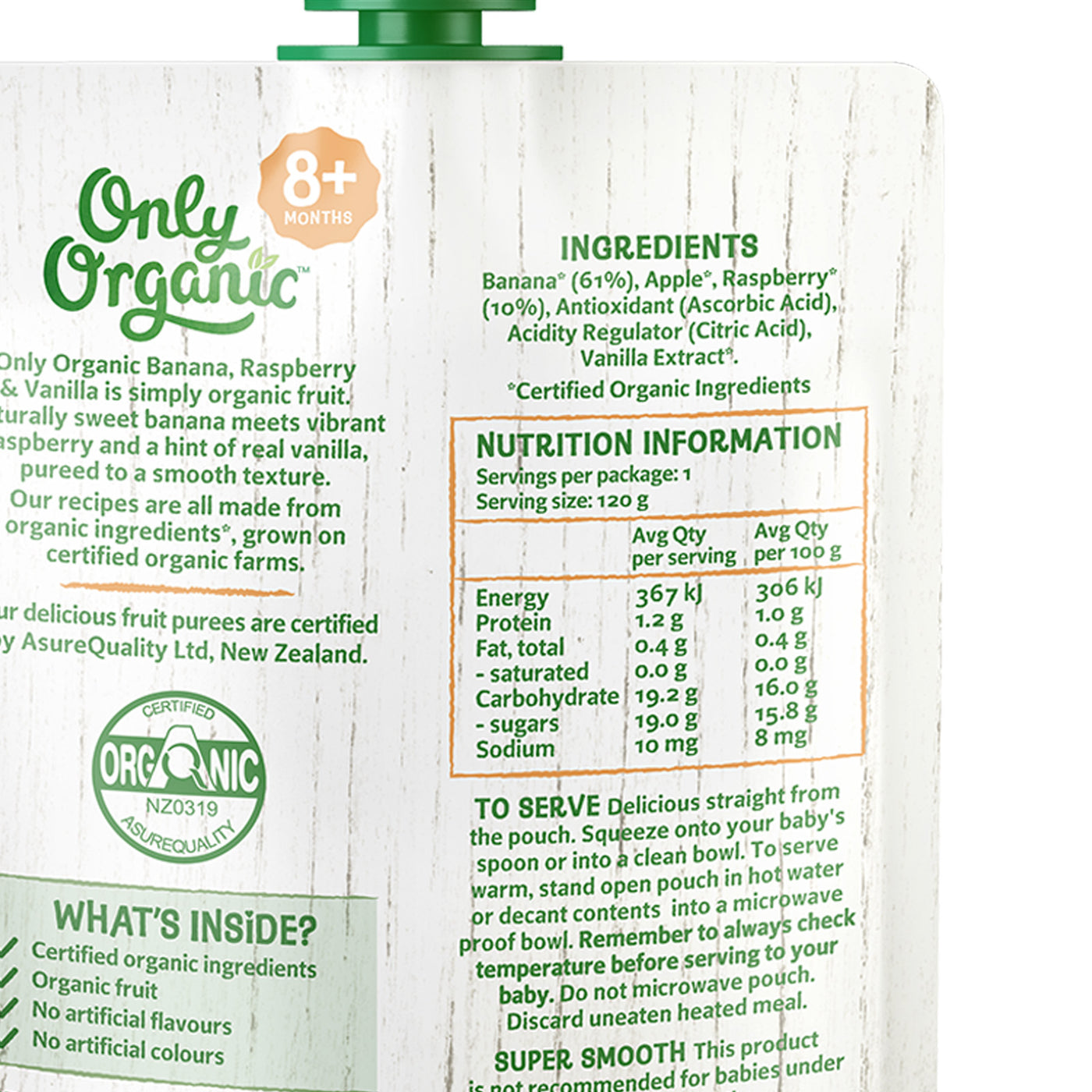 Only Organic Baby Food Banana, Raspberry & Vanilla 120g [8 mos+] (Orga ...
