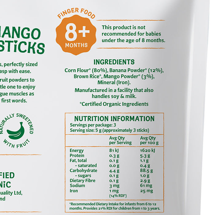 Only Organic Baby Snacks Banana & Mango Melty Corn Sticks 15g