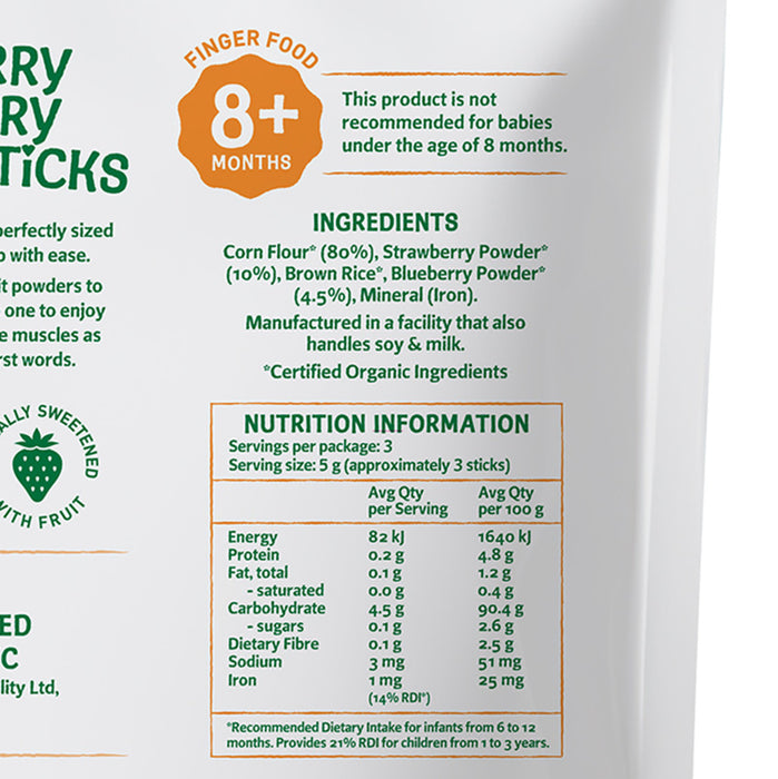Only Organic Baby Snacks Strawberry & Blueberry Melty Corn Sticks 15g