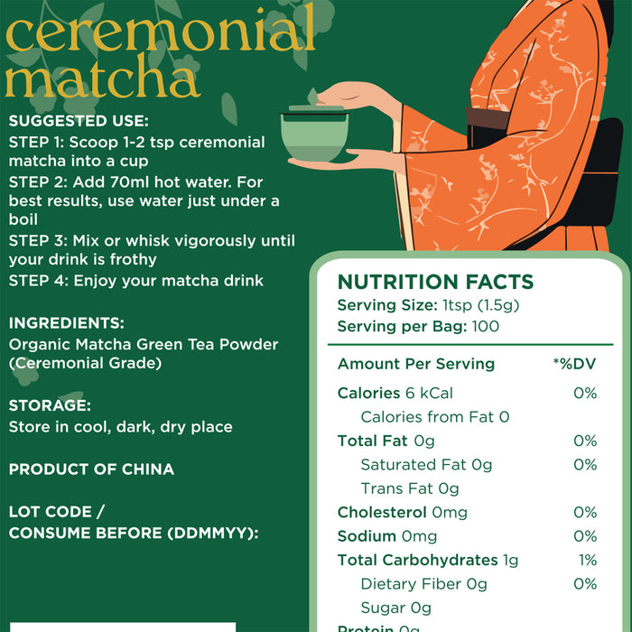 Ceremonial matcha product packaging with usage instructions and nutrition facts on a green background.