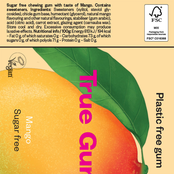 True Life Mango True Gum Mango 21g/13pcs (Sugar Free, Palm Oil Free, Vegan) — Raw Bites