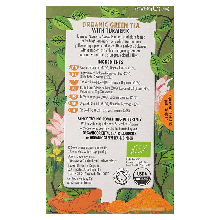 Heath & Heather Organic Green Tea and Tumeric 20 bags (Caffeinated, Gluten Free, Vegan)