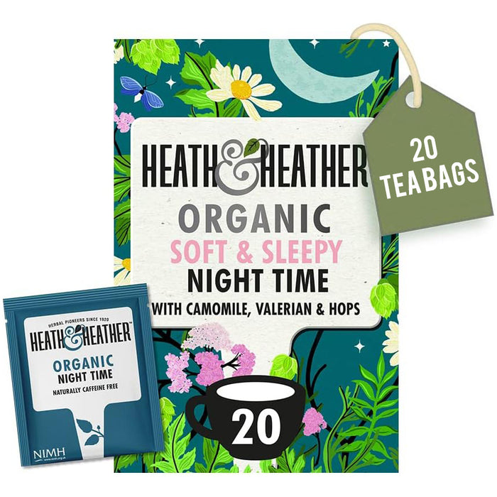 Instant Nighttime Tea Heath & Heather Organic Soft and Sleepy Night Time Tea 20 bags (Caffei ...