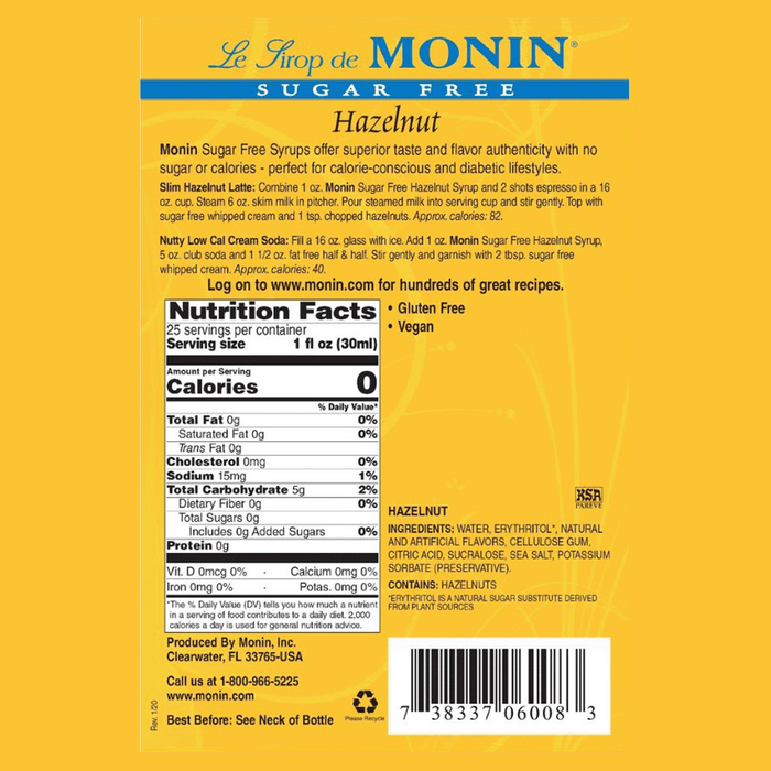Monin Syrup Sugarfree Hazelnut 700ml