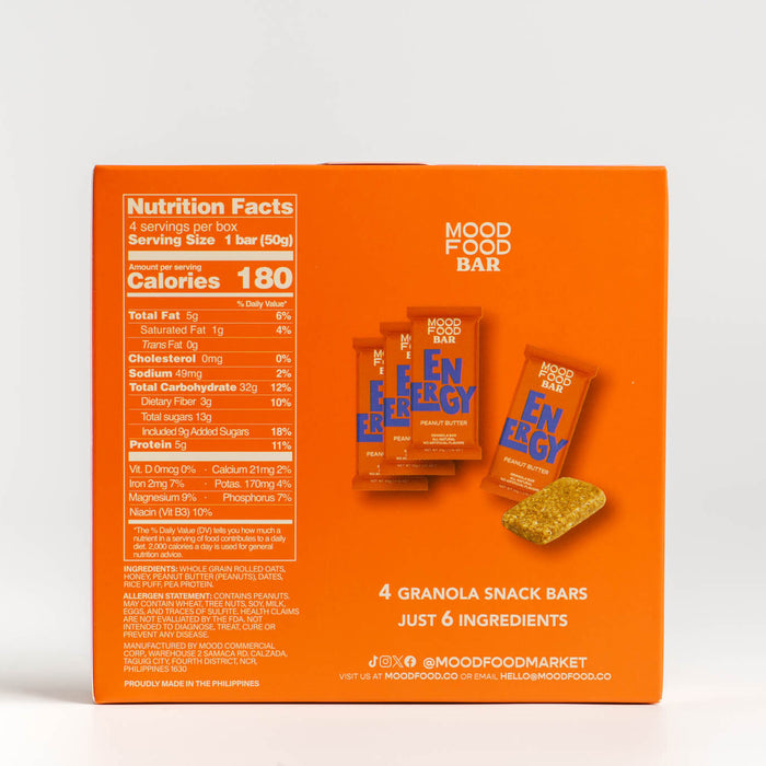 Mood Food Bar Energy - Peanut Butter [4 x 50g] (All Natural, No Refined Sugar, Whole Grains)