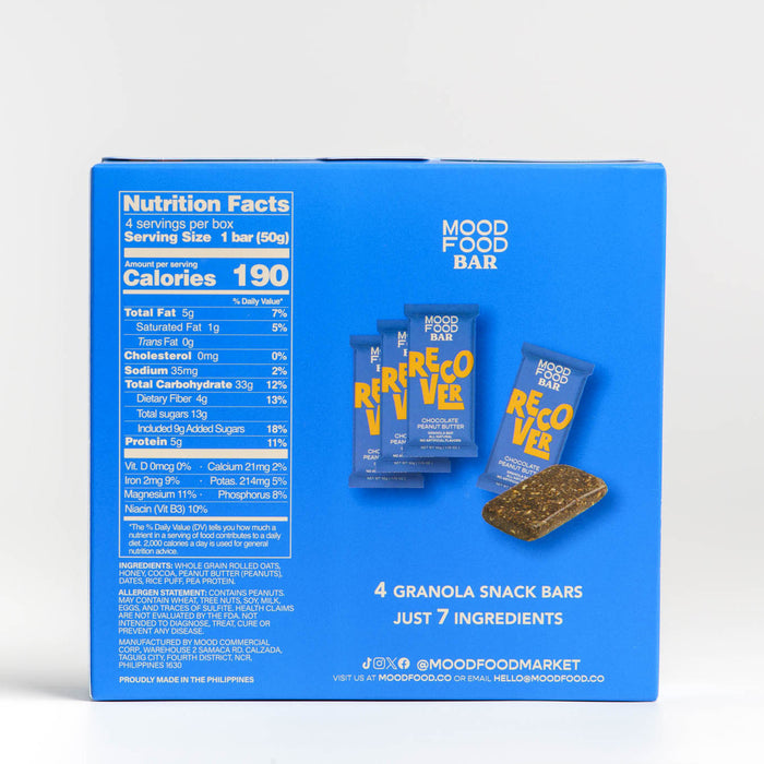 Mood Food Bar Recover - Chocolate Peanut Butter [4 x 50g] (All Natural, No Refined Sugar, Whole Grains)