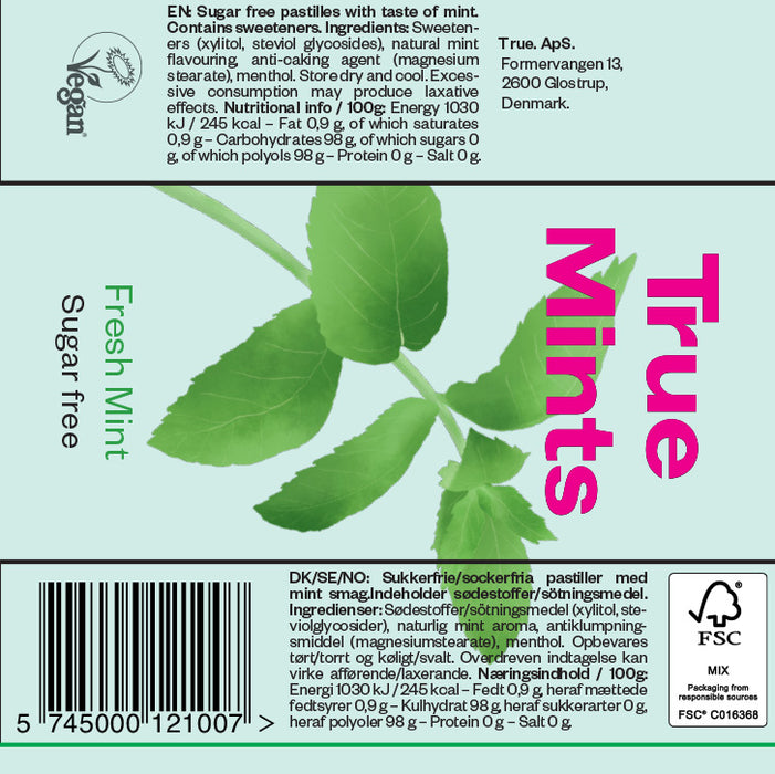 True Mints Fresh Mint 13g/20pcs (Natural Flavors, Plantbased Sweetener, Vegan)
