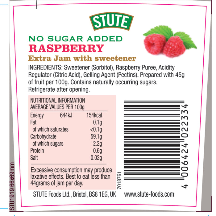Stute No Sugar Added Raspberry Seedless Extra Jam 430g