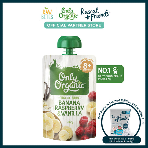 Only Organic Baby Food Banana, Raspberry & Vanilla 120g [8 mos+] (Organic, Nutritionist Approved)