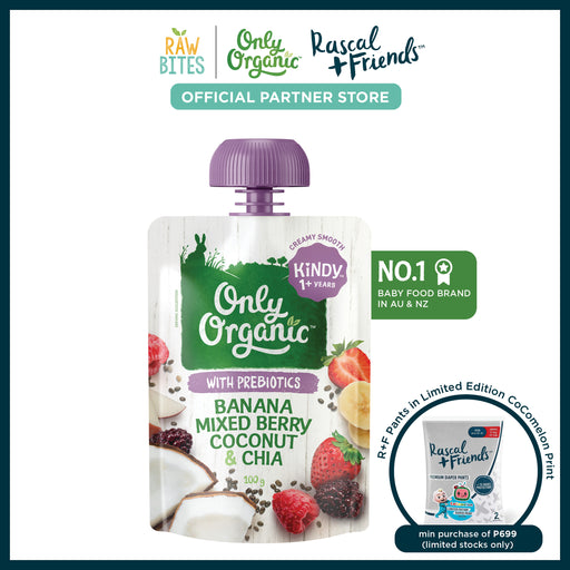 Only Organic Baby Food Banana Mixed Berry Coconut & Chia 100g [12mos +] (Organics, Nutritionist Approved, with Prebiotics)