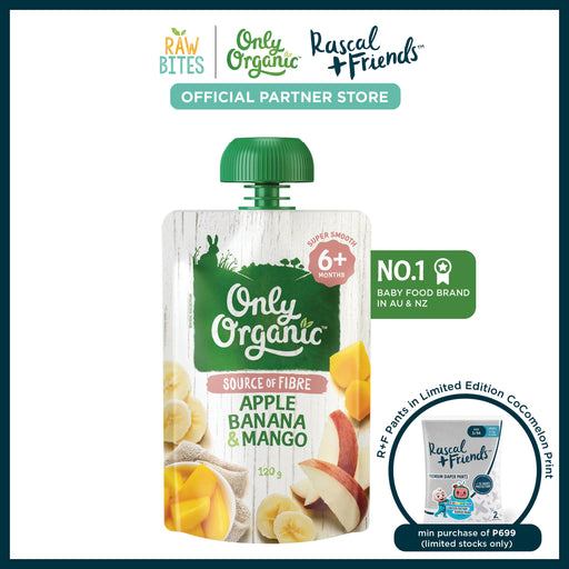 Only Organic Baby Food Apple, Banana & Mango 120g [6 mos+] (Organic, Nutritionist Approved, Source of Fiber)