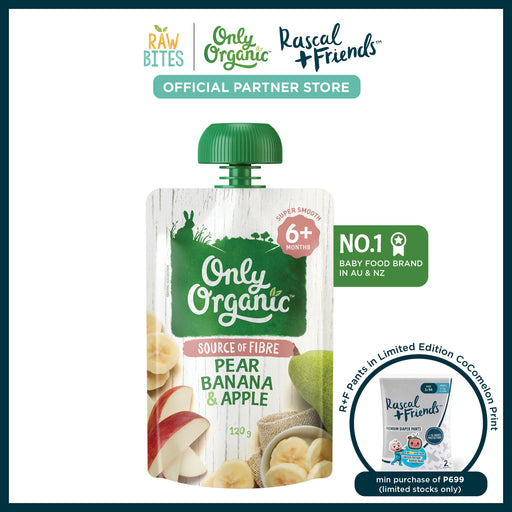 Only Organic Baby Food Pear, Banana & Apple 120g [6 mos+] (Organic, Nutritionist Approved, Source of Fiber)