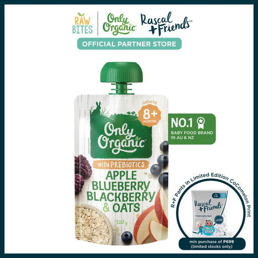 Only Organic  Baby Food Apple Blueberry Blackberry & Oats 120g [8+ mos] (Organic, Nutritionist Approved, with Prebiotics)
