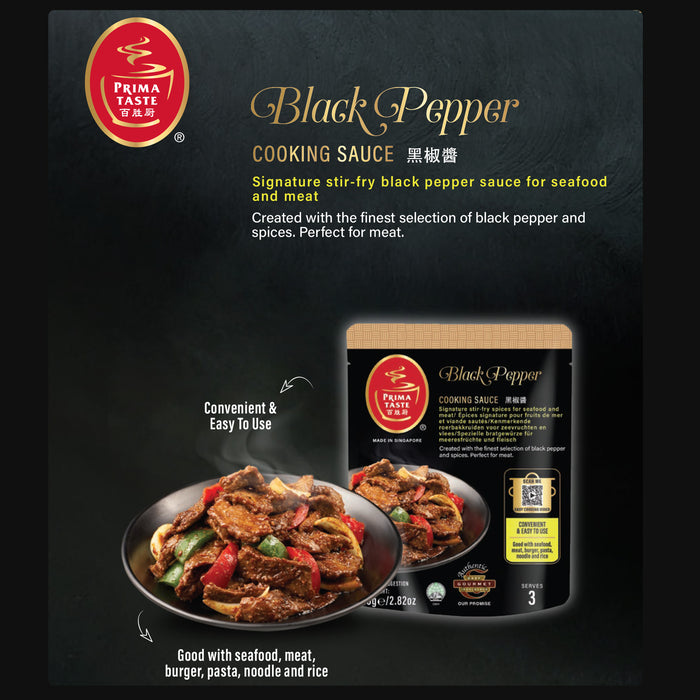 Prima Taste Black Pepper Cooking Sauce packaging with a bowl of food on a black background
