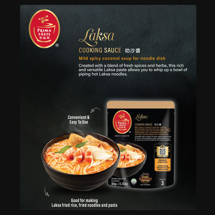 Prima Taste Laksa cooking sauce packaging with a bowl of laksa noodles on a dark background