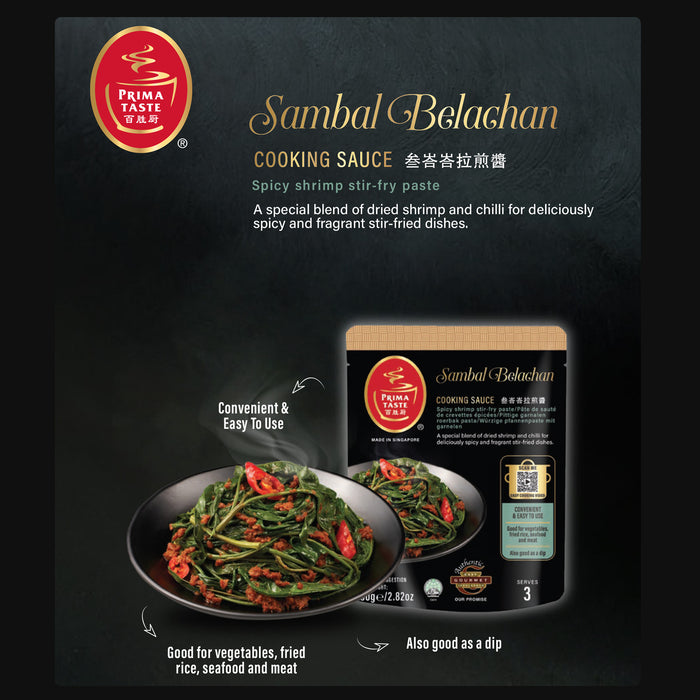 Sambal Belachan cooking sauce packaging with text and images on a dark background