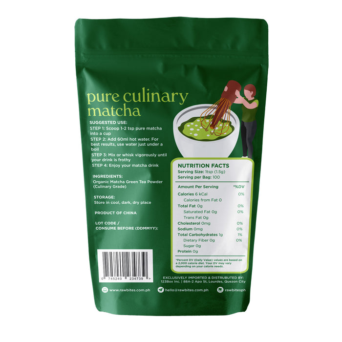 Green package of pure culinary matcha with nutritional information on a white background