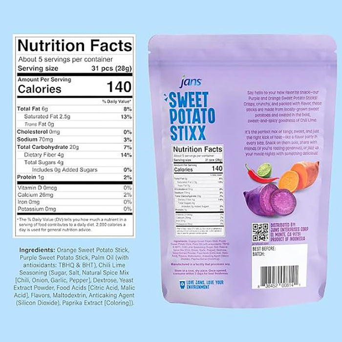 Jans Sweet Potato Stixx - Sweet N' Spicy Chili Lime 50g (Gluten Free, Source of Fiber)