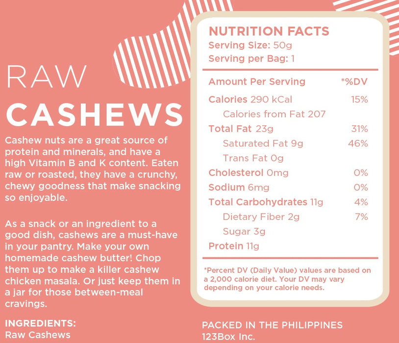 Raw Bites Raw Cashew Nuts 50g (No Salt Added, High Protein)