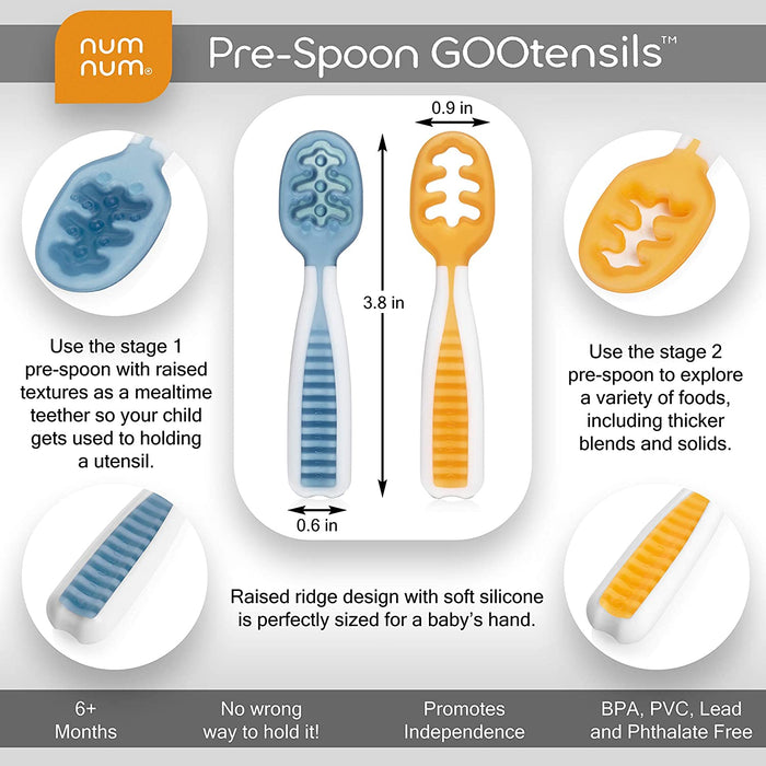 NumNum Pre-Spoon gOOtensils Baby Spoon Set (Stage 1 + Stage 2) BPA Free  Silicone Self Feeding Baby + Toddler Utensil (BlueOran