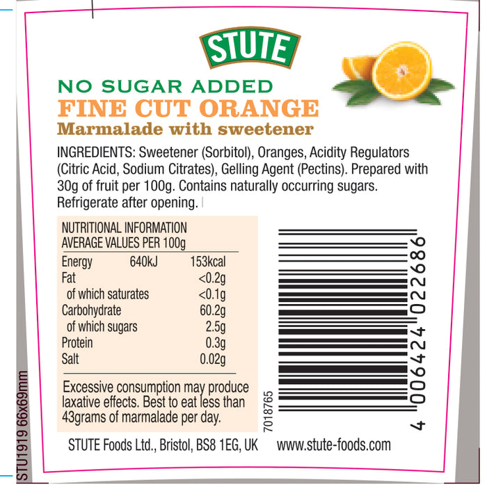 Stute No Sugar Added Fine Cut Orange Marmalade 430g