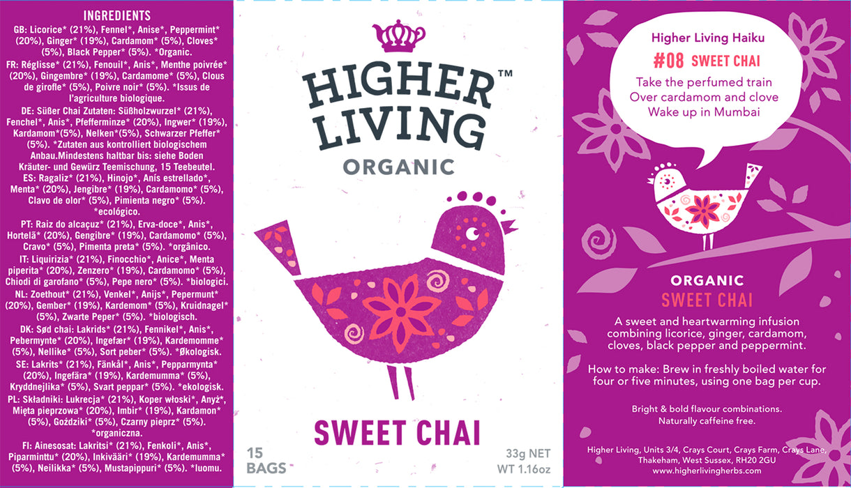 Higher Living Organic Sweet Chai (15 bags / 33g)